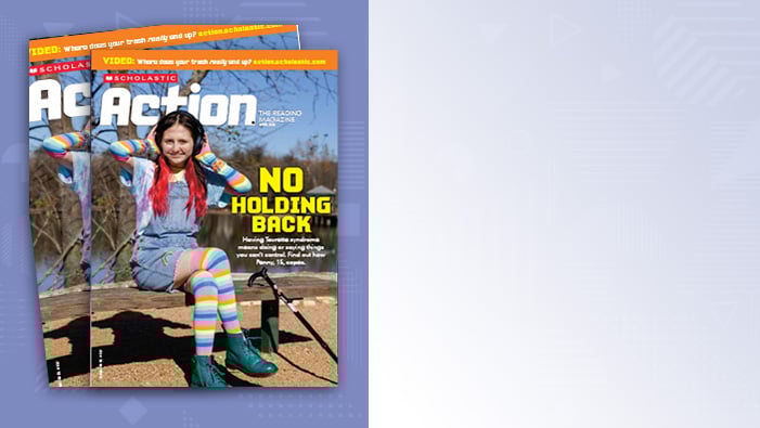 Cover of Scholastic Action magazine, with a smiling girl sitting on playground equipment