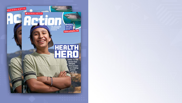 Cover of Scholastic Action, a smiling boy in a purple headband crosses his arms beside Health Hero