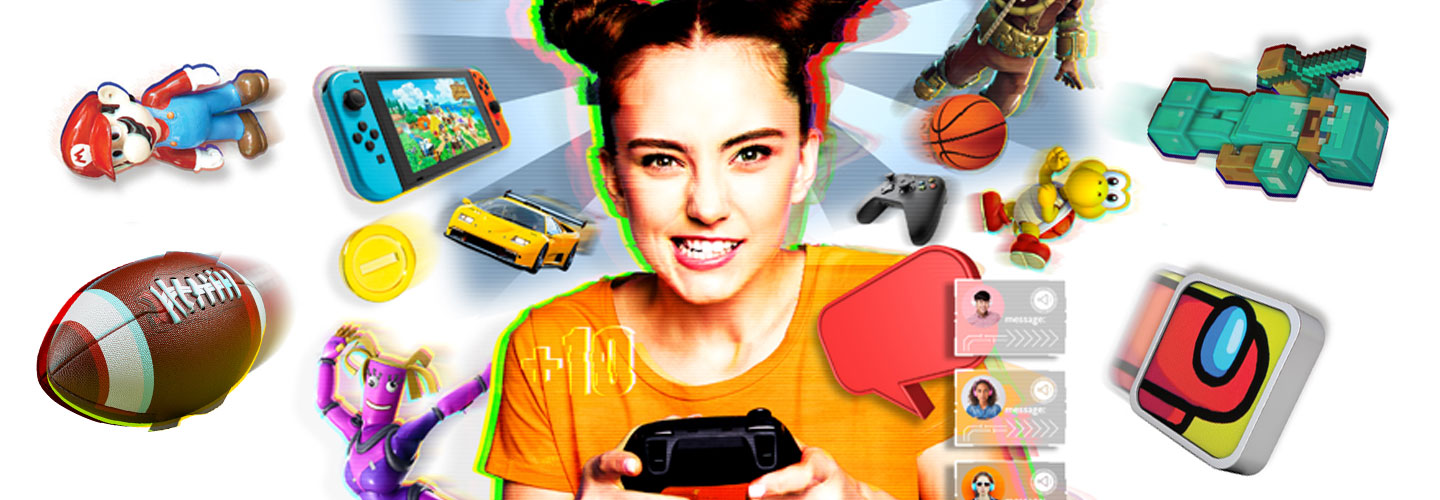 a girl plays with a game controller while characters from different games fly past her