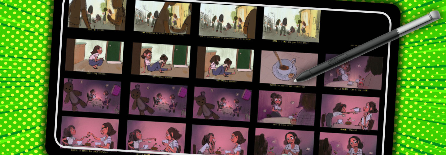 a tablet showing an animation storyboard, with rows of different drawings