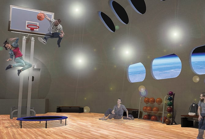 people playing basketball while space is visible through the windows