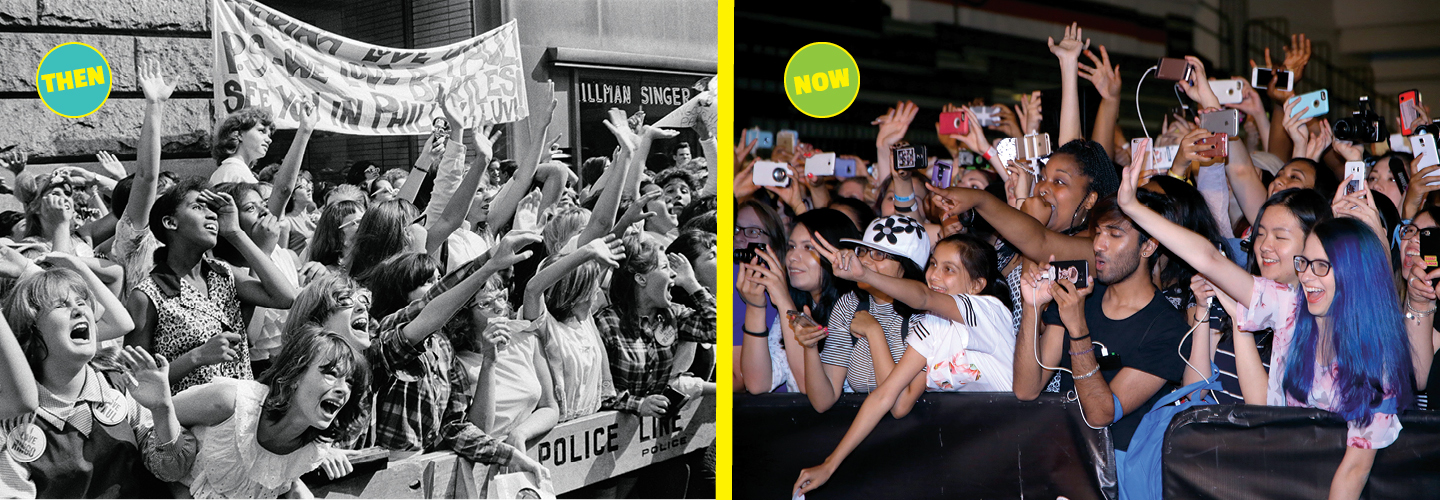 Left: black and white photo of girls screaming. Right: a crowd waving and holding up smartphones