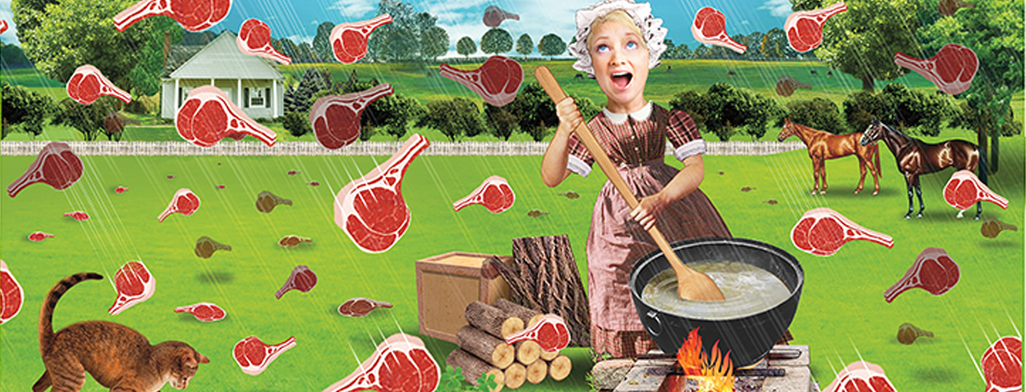 illustration of a girl stirring a pot whole cuts of meat rain over her