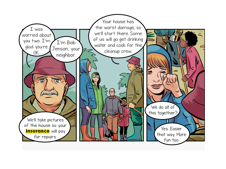 comic panels: Bob and other neighbors talk to Annie and her mom. Annie's mom wipes away a tear.