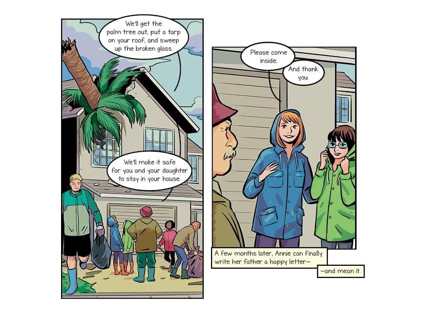 comic panels: the neighbors gather trash outside of the house, and Annie's mom smiles at Bob.