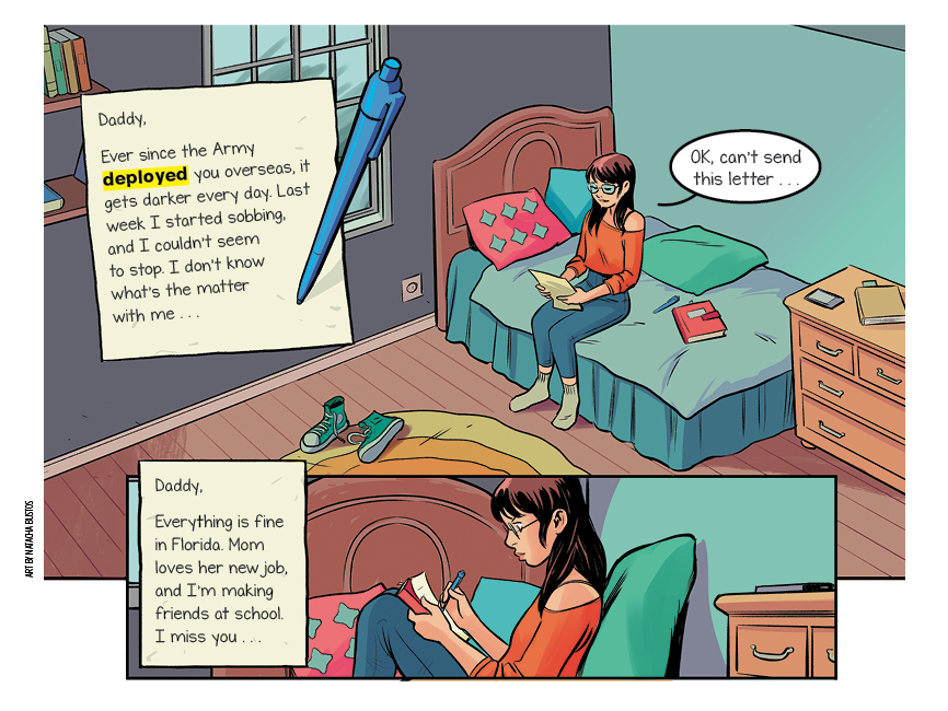comic panels: a girl, Annie, sits in her bedroom and writes a letter