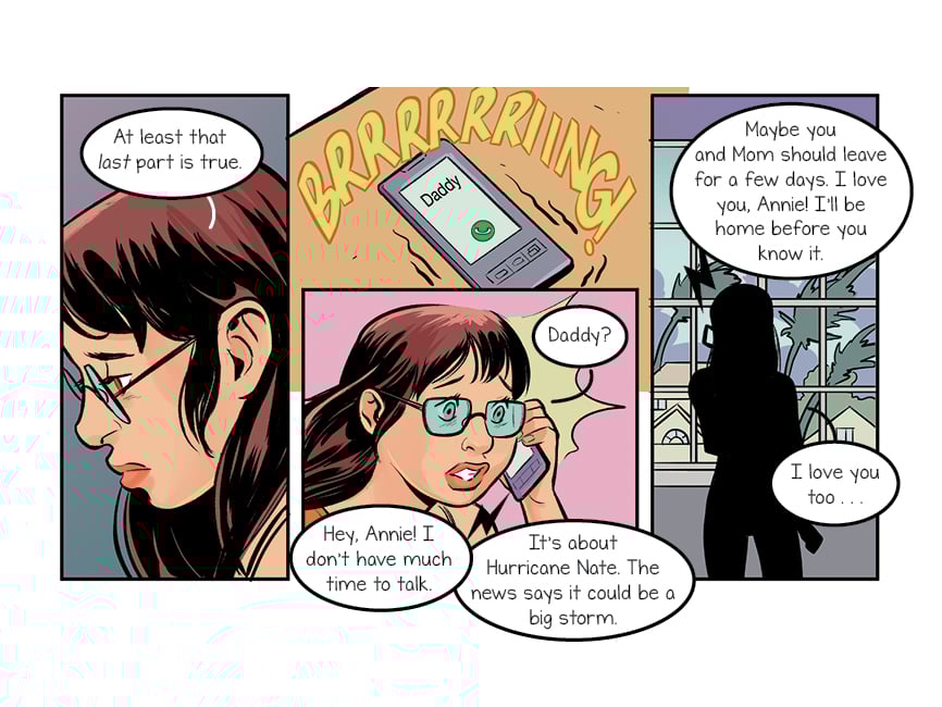 comic panels: Annie picks up her ringing cellphone to talk to her dad