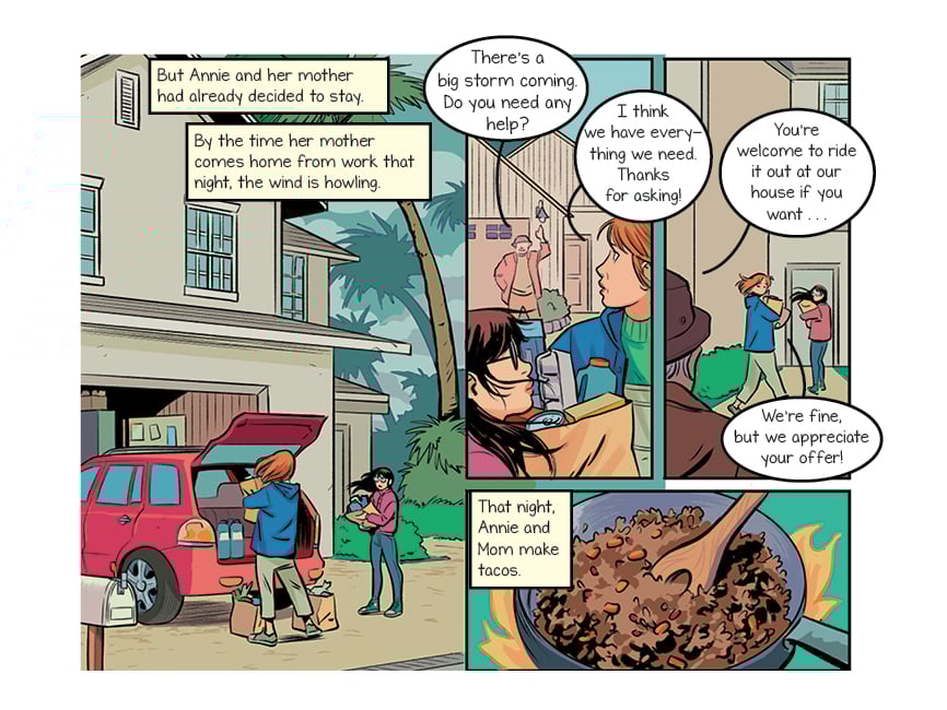 comic panels: Annie and her mom unpack groceries, talk to their neighbor, and make dinner