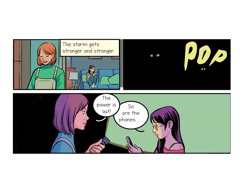 comic panels: the light goes out. Annie checks her phone while her mom opens a flashlight 