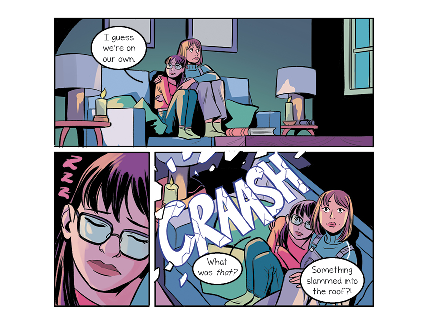 comic panels: Annie and her mom crouch together on the couch. They hear a crash above them