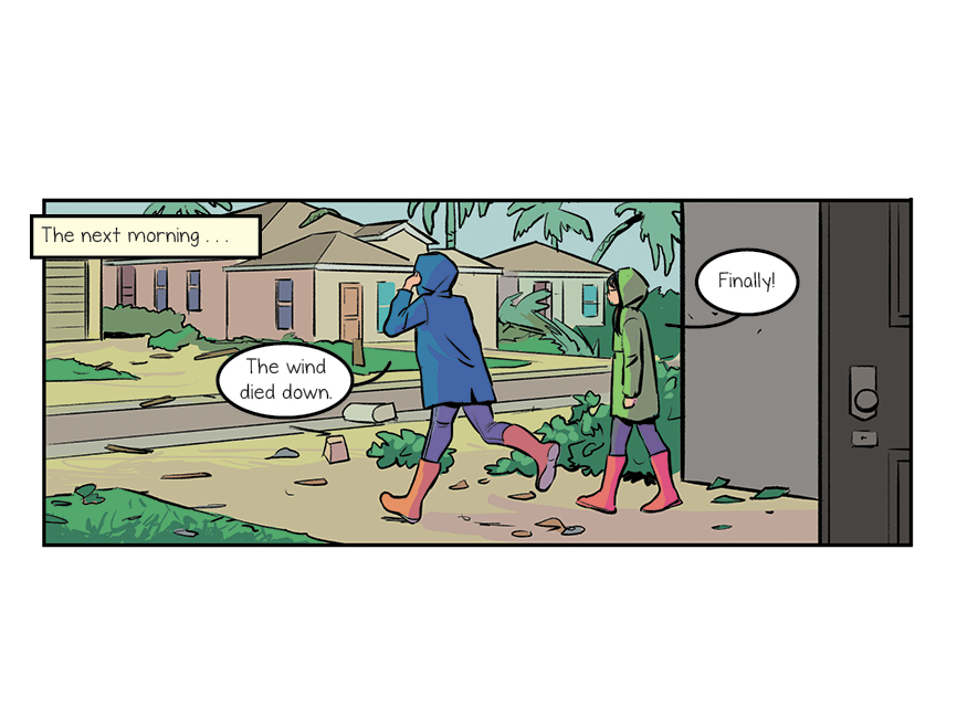 comic panel: Annie and her mom wear raincoats and walk outside of their house