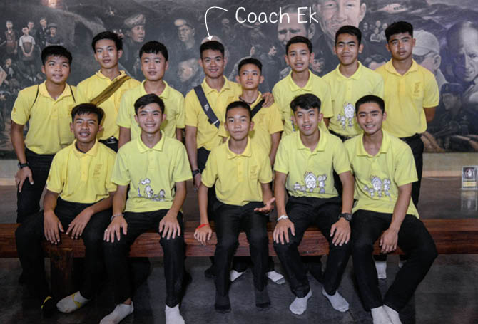 Image of a soccer team posing in photo with their coach, Coach Ek