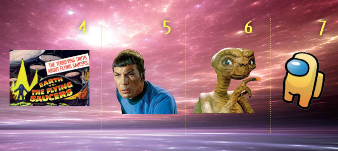 a movie poster, an alien with spikey ears, ET, and an among us character