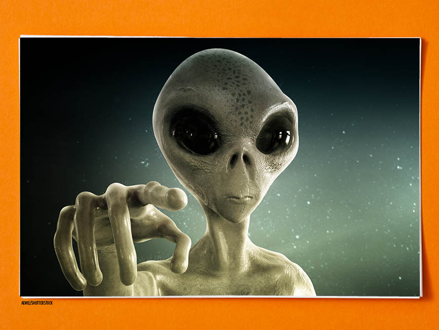A creepy alien pointing at you