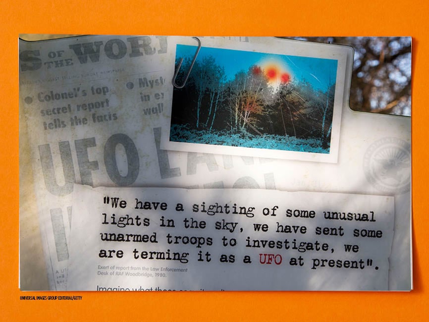 Newspaper clippings and a photo of what people think are UFOs