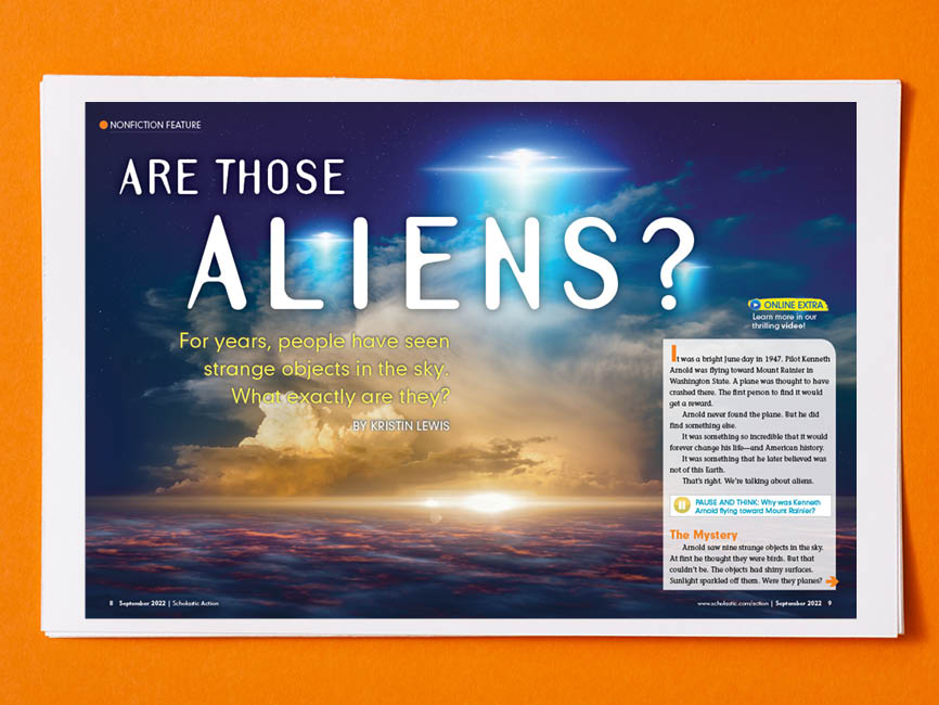 The words Are those Aliens over a starry sky with UFOs