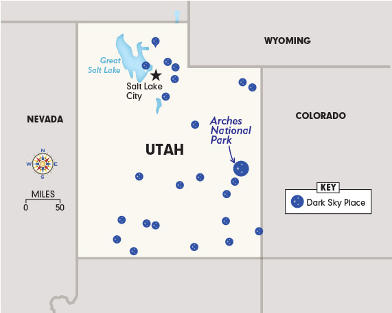 Enlargeable map of Utah and the location of Arches National Park with blue dots sprinkled throughout