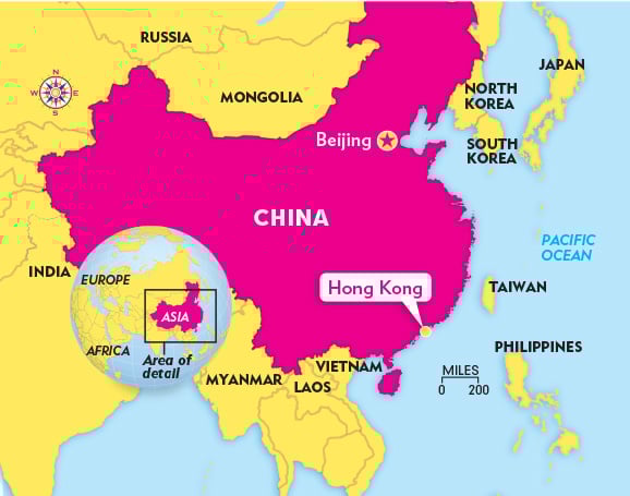Enlargeable map of China and where Hong Kong and Beijing are located in it