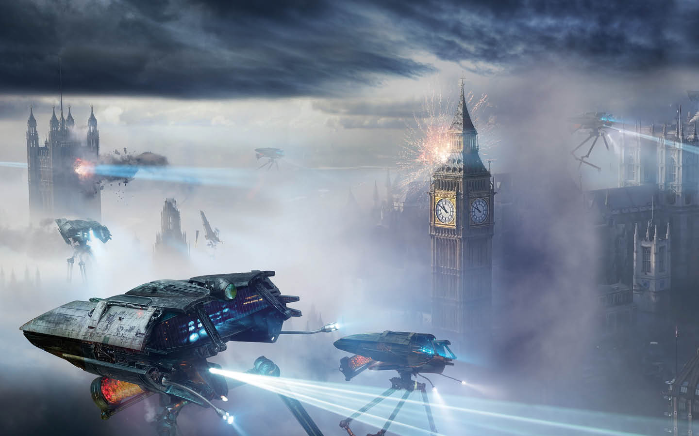 Digital image of alien robots destroying London