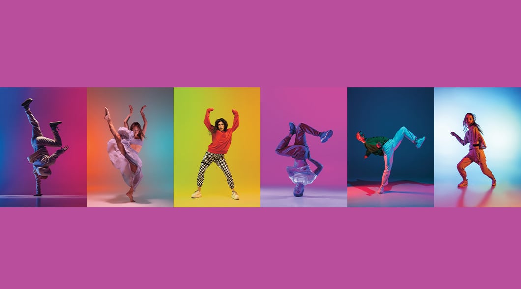Colorful images of six breakdancers performing different moves
