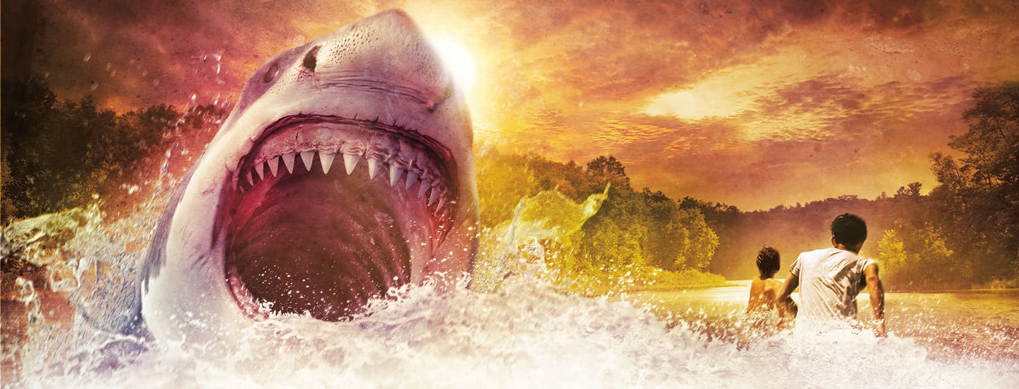 Digital image of a shark with open mouth coming out of water and people running