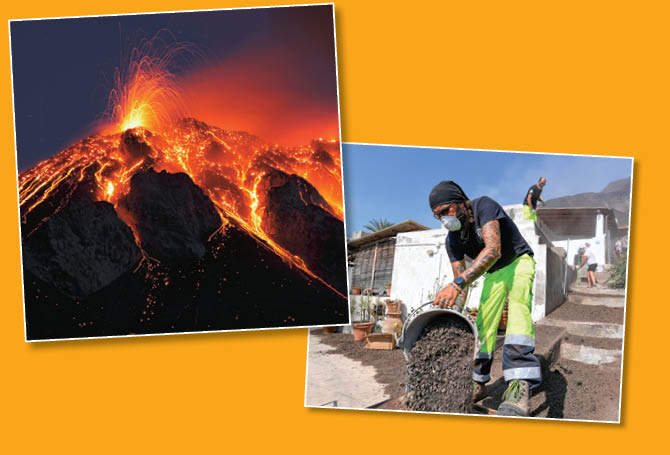 Image of a volcano erupting and another image of a person pouring ash on ground from bucket