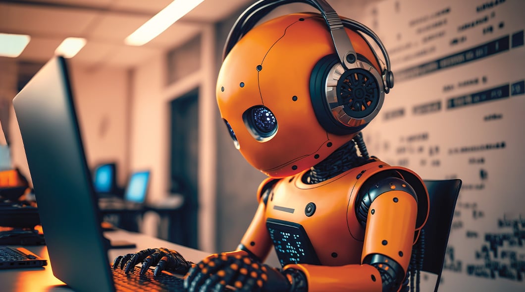 Image of a robot sitting at a desk with a computer