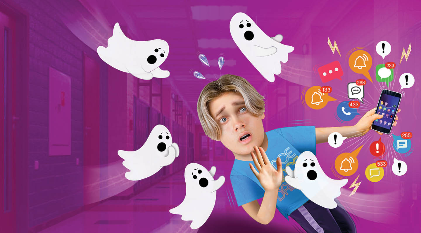 Image of person being attacked by ghosts while getting numerous notifications on their phone