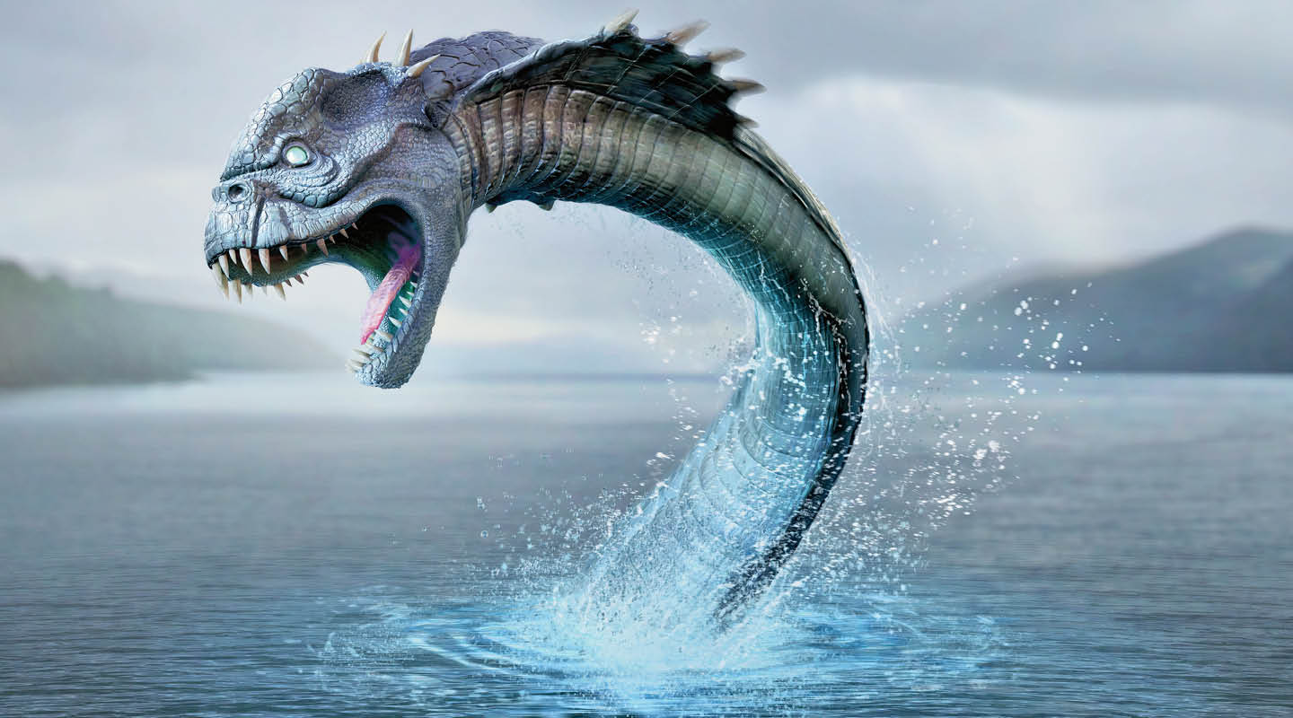 Digital image of a scary-looking Loch Ness monster jumping out of the water