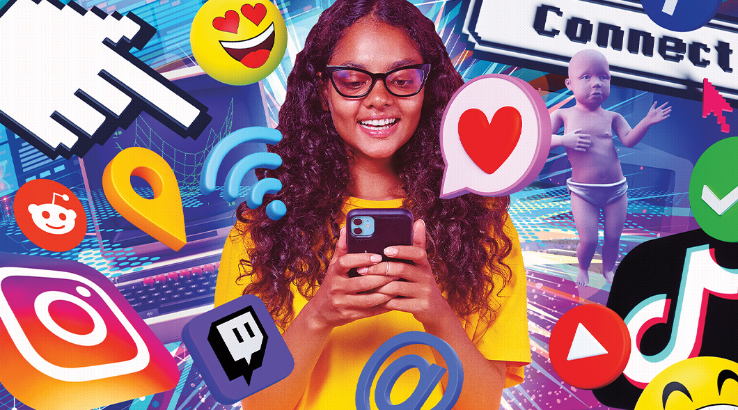 Image of a teen using phone while surrounded by different icons and emojis