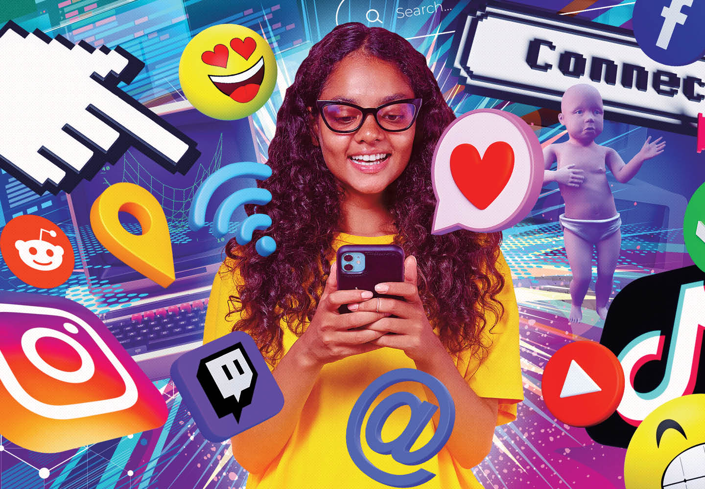 Image of a teen using phone while surrounded by different icons and emojis