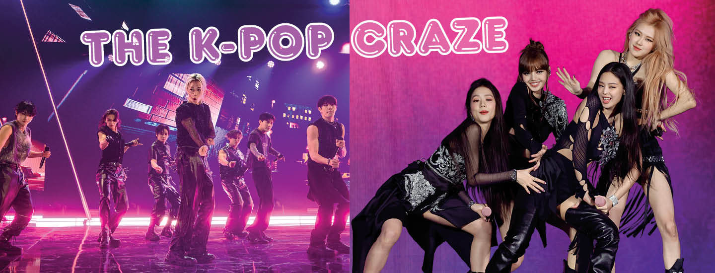 Two K-pop groups pose and perform on a stage under the title The K-Pop Craze
