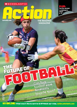 Cover of Scholastic Action, two players compete in a flag football game
