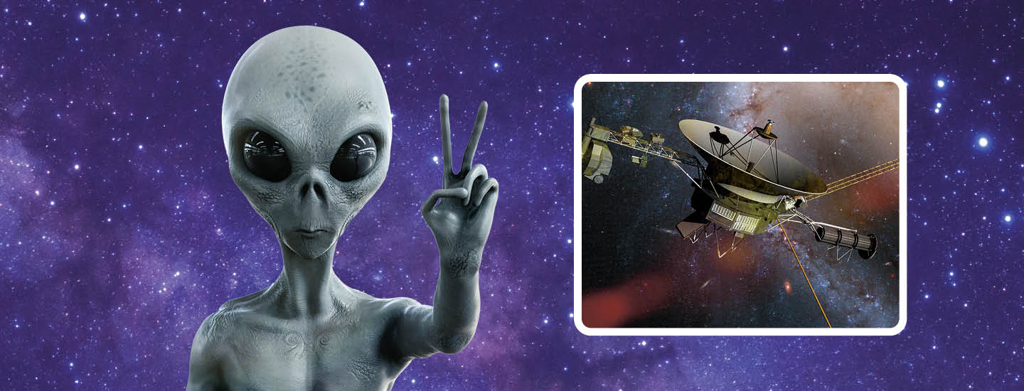 A fictional alien raises two fingers next to an illustration of a space probe in a starry sky