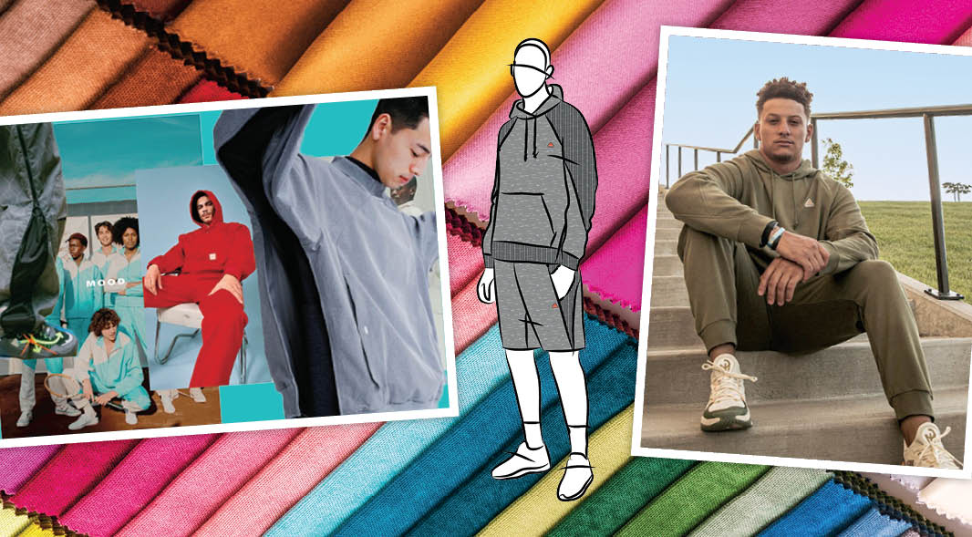 Collage that explores athletic streetwear styles set against a background of colorful fabric swatches