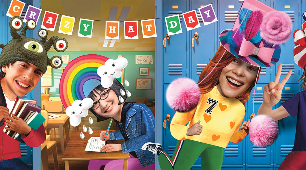 Three students wear silly hats for Crazy Hat Day at school