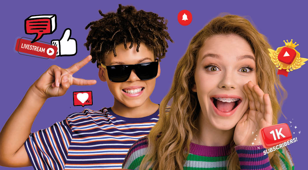 Two children pose with social media icons including a livestream label and 1K Subscribers badge