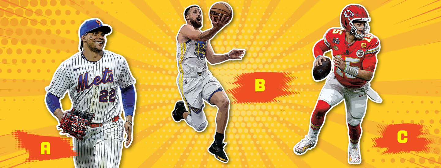 Three professional athletes labeled A, B, and C represent baseball, basketball, and football