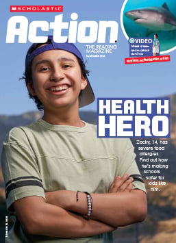 Cover of Scholastic Action magazine, a boy crosses his arms and smiles, with the headline Health Hero