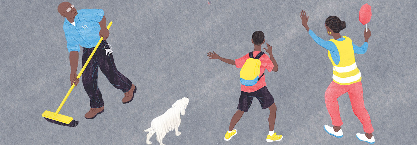illustration of a boy and dog walking between a janitor and a crossing guard