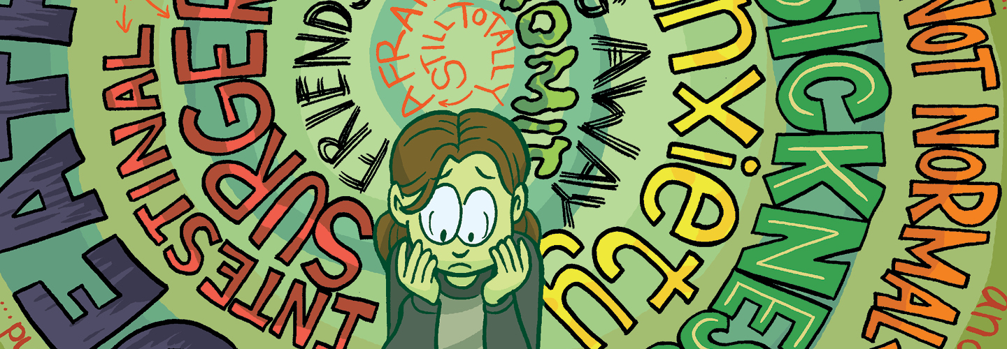 illustration of a worried girl with words swirling around her head