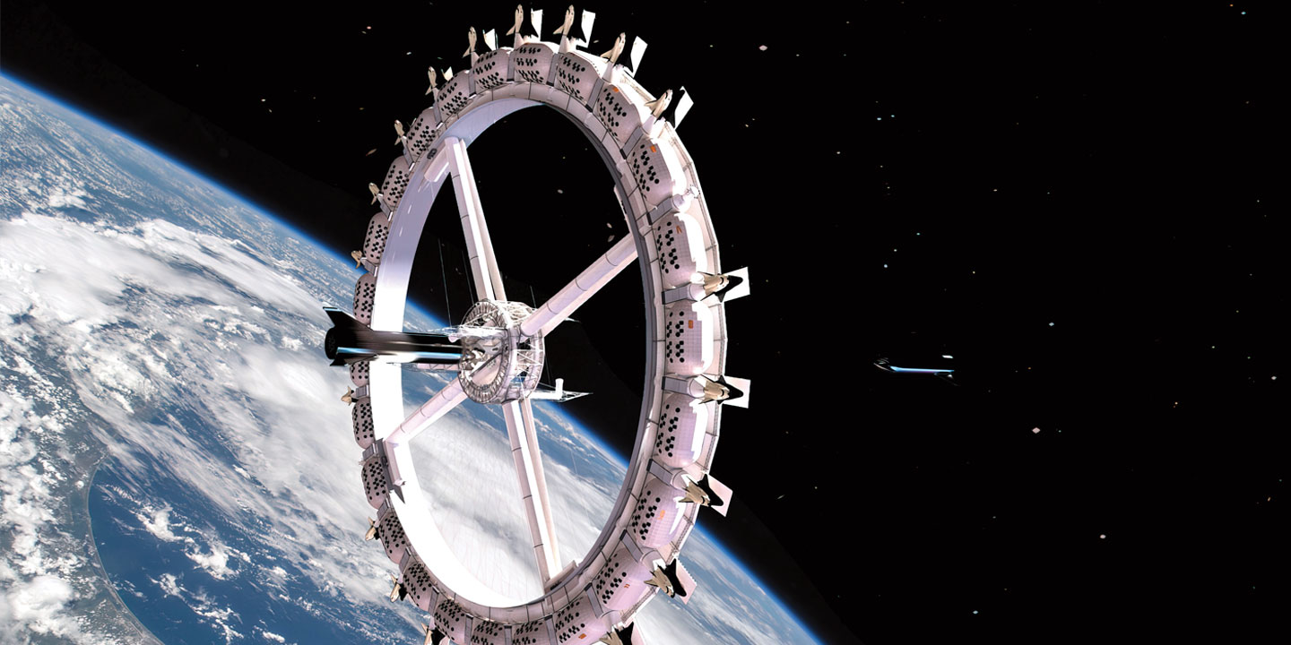 a large wheel in space floating above the earth