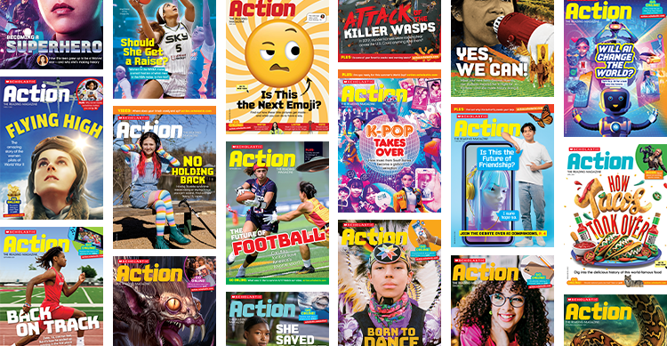 Collage of Scholastic Action magazine covers featuring various topics and people