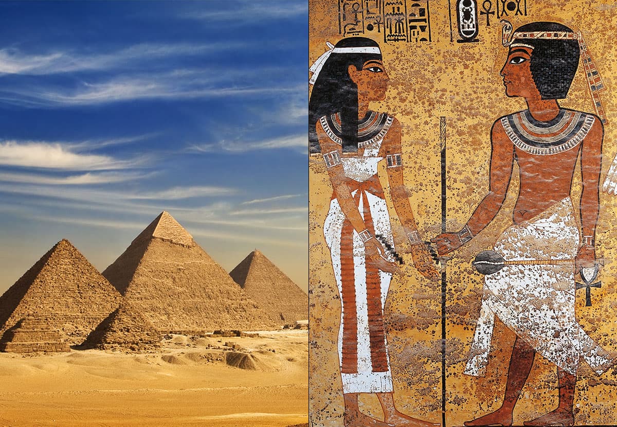 Images of the pyramids in Egypt and paintings of Egyptian people on the wall
