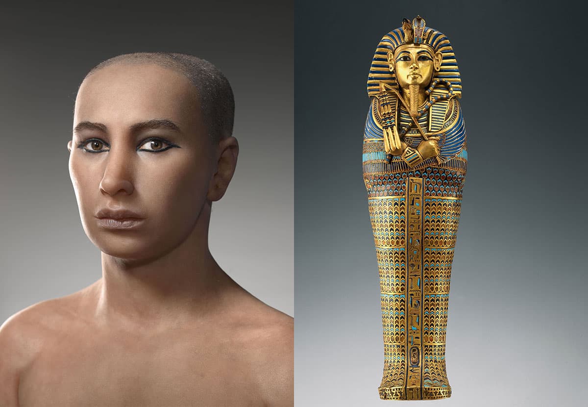 A man with eye liner and the golden decorated coffin he was buried in